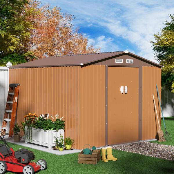 Metal Tool Shed for Garden Backyard Patio Lawn HOGYME 9.1' x 6.3' Storage Shed Sheds & Outdoor Storage with Double Sliding/Lockable Door Coffee 