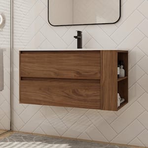 36 in. W x 18.3 in. D x 19.7 in. H Single Sink Floating Bath Vanity in Brown Oak with White Ceramic Top, Side Shelf