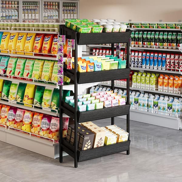 Eulas Black 29.13 in. 4-Tier Display Cabinet Basket, Retail Rack Stand, Snack Candy Rack Organizer with Metal Frame