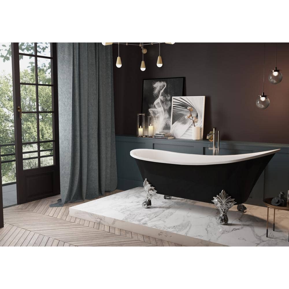 69" Black Acrylic Clawfoot Soaking Bathtub with Silver Feet