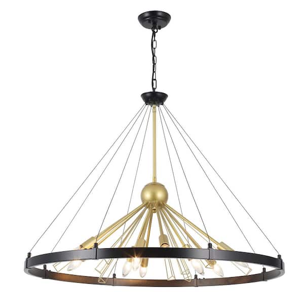 9 Light Matte Black and Gold Modern Farmhouse Wagon Wheel Chandelier for Living Room Bedroom No Bulbs Included