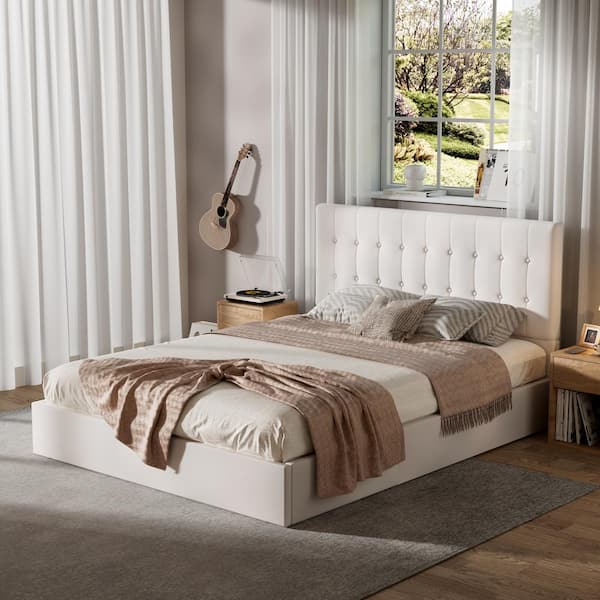 Ahokua White Frame Full Size Upholstered Platform Bed with Lift-up Storage Supported by Metal and Wooden Slats