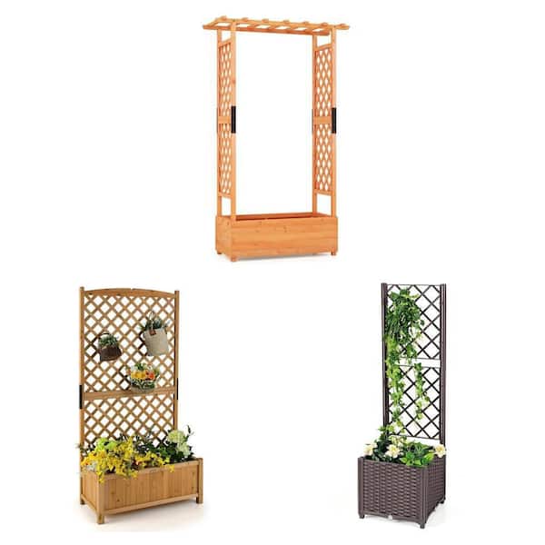 Raised Garden Bed Combo: 34.5in Orange Fir Wood Vertical Planter, 71in Wooden Trellis Planter, 16in Plastic Trellis Box