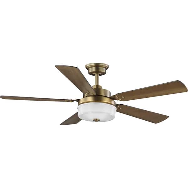 Progress Lighting Tempt 52 in. Indoor Integrated LED Vintage Brass Transitional Ceiling Fan with Remote for Living Room and Bedroom