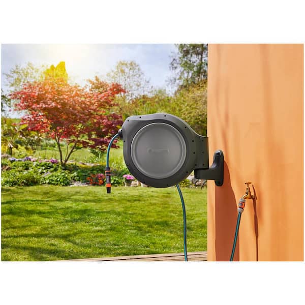 GARDENA 100 ft. Wall Mounted Retractable Hose Reel for Storage with  Automatic Lock and Spring Loaded Hose Retraction 08055-81.000.00 - The Home  Depot