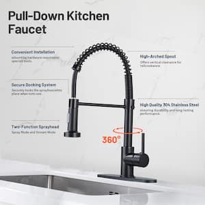 Single-Handle Pull Out Sprayer Coil Spring High-Arc Kitchen Faucet with Deckplate Sink Faucet in Matte Black
