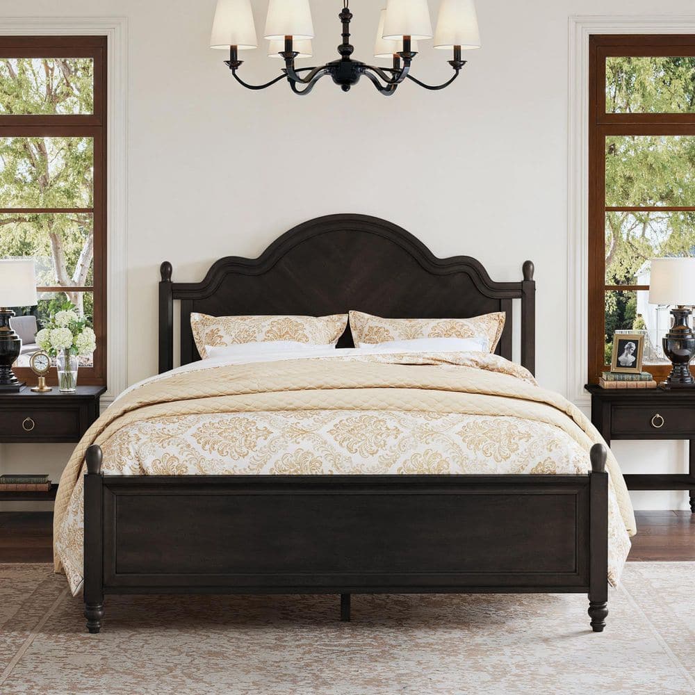 Orvil Mid-Century Black Solid Wood Frame Queen Size Platform Bed with Elegant Herringbone-Inspired Pattern Headboard
