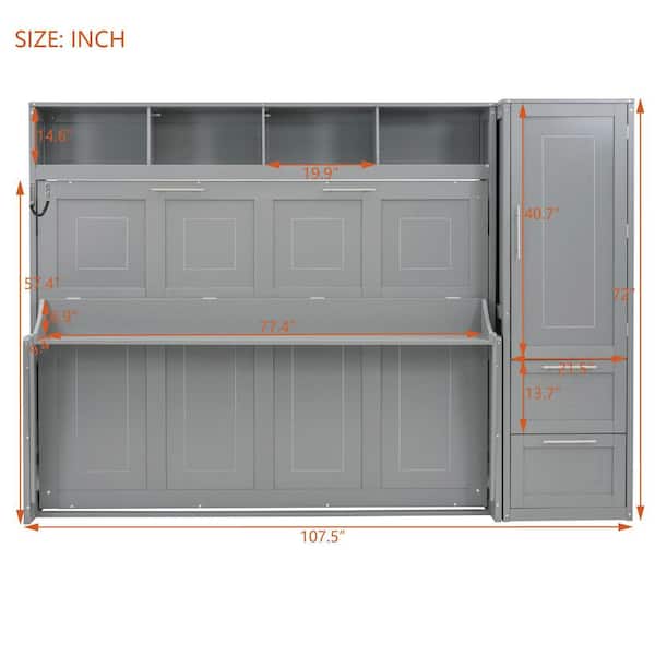 Gray Wood Frame Full Murphy Bed with Closet and Drawers