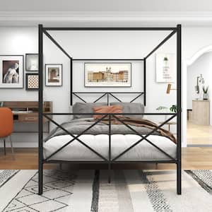 60.63 in. Wide Queen-Size Unique X-Shaped Frame Black Platform Bed With Metal Slats Support Canopy Bed Frame for Bedroom