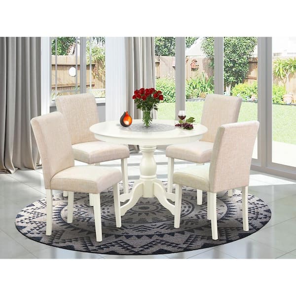 5-Piece Linen White Finish Solid Wood Top Dining table with 4 Chairs with Lattice Back