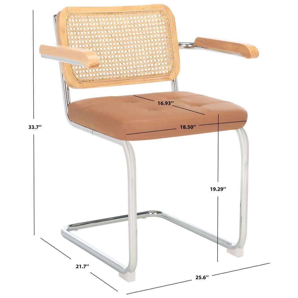 Cognac Faux Leather and Natural Rattan Arm Chair with Chrome Legs