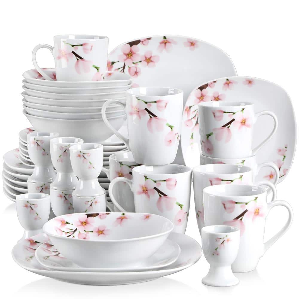 VEWEET 40-Piece Pink Floral Ivory White Porcelain Dinnerware (Set ...