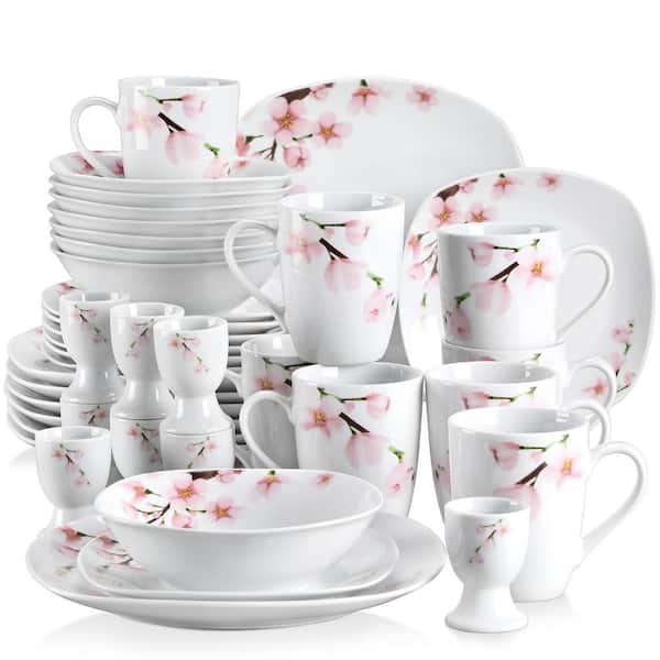VEWEET 40-Piece Pink Floral Ivory White Porcelain Dinnerware (Set Service for 8)