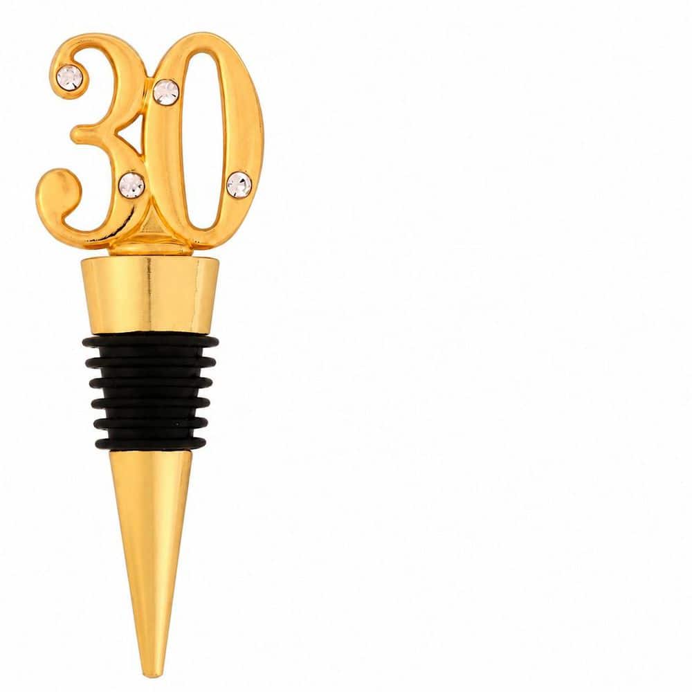 30th Birthday Black and Gold Wine Bottle Stoppers with Gift Boxes, Rhinestone Accent, Silicone Seal, Set of 12