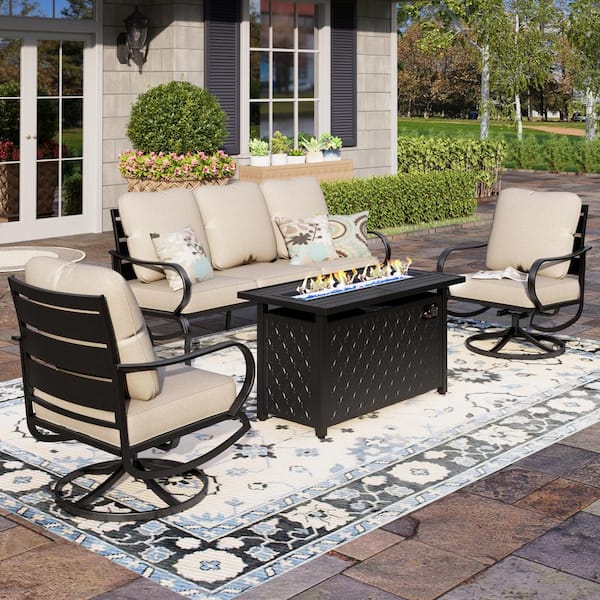 PHI VILLA Black 4-Piece Metal Slatted 5 Seat Steel Outdoor Patio Conversation Set with Beige Cushions, Rectangular Fire Pit Table