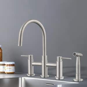 Modern Double-Handle 360-Degree Swivel Spout Bridge Kitchen Faucet with Side Sprayer in Brushed Nickel