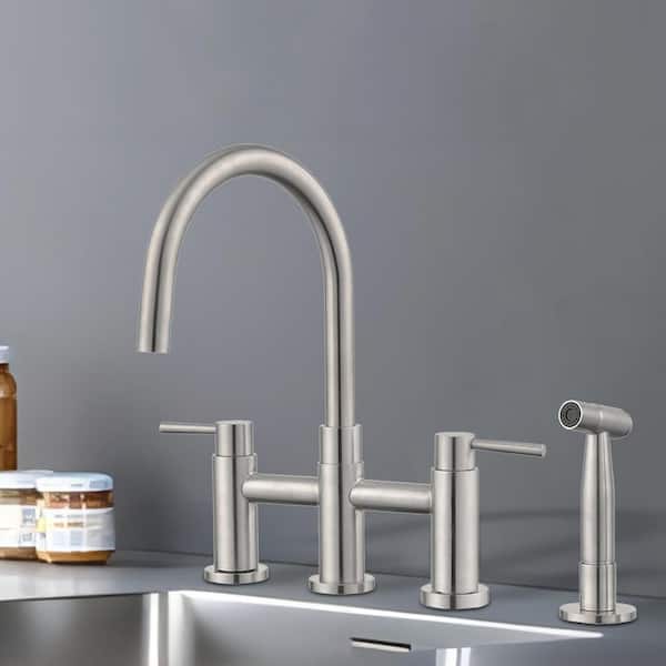 UPIKER Modern Double-Handle 360-Degree Swivel Spout Bridge Kitchen Faucet with Side Sprayer in Brushed Nickel