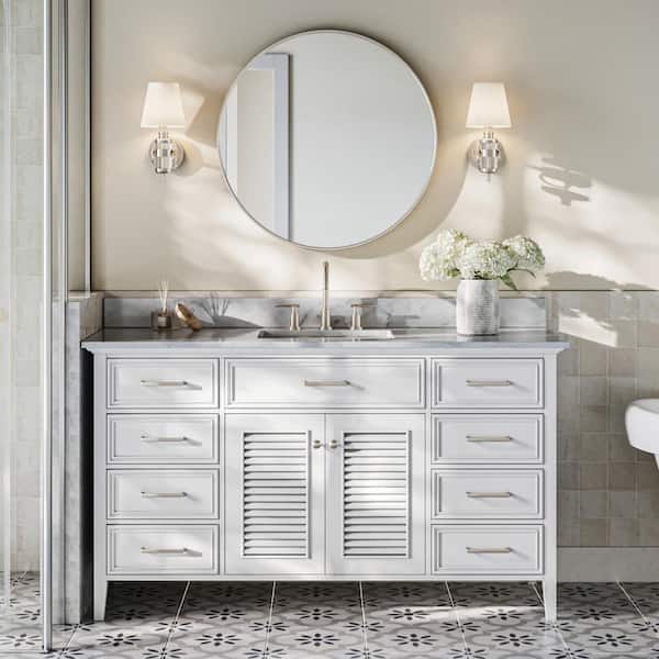 ARIEL Kensington 61 in. W x 22 in. D x 35.25 in . H Freestanding Bath Vanity in White with White Marble Top