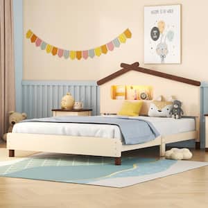 Cream Wood Full Size Platform Bed with House-shaped Headboard and Night Lights