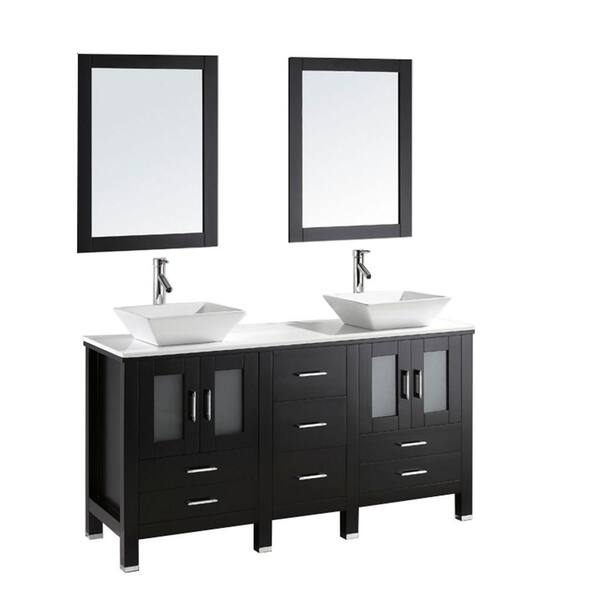 Virtu USA Bradford 60 in. W Bath Vanity in Espresso with Stone Vanity Top in White with Square Basin and Mirror and Faucet