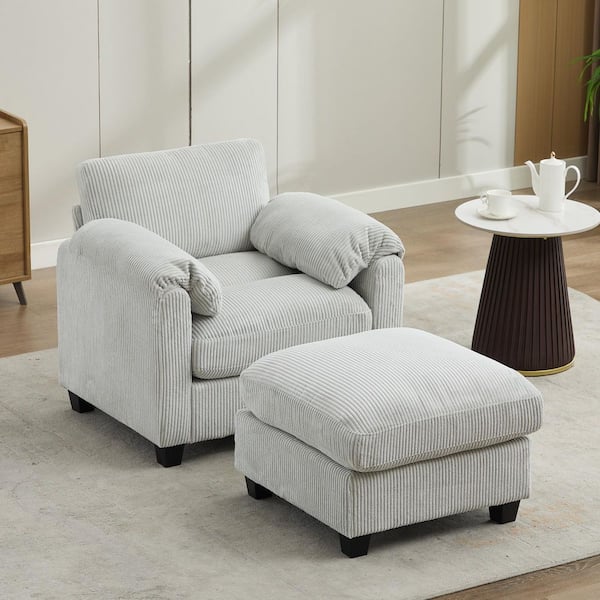 Modern Grey Corduroy Velvet Accent Armchair with Ottoman for Living Room