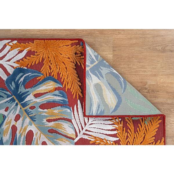 Jungle Red 9 ft. x 12 ft. Washable Tropical Floral Indoor Outdoor