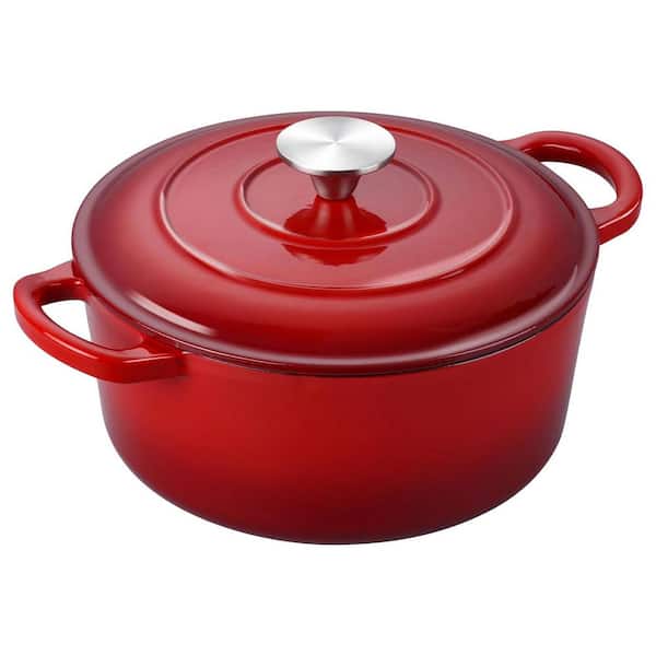 6 qt. Round Enameled Cast Iron Dutch Oven in Red with Lid, Heavy Duty for Braising, Stews, Bread Baking