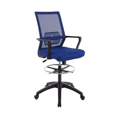 Blue Fabric Seat Drafting Chair with Non-Adjustable Arms