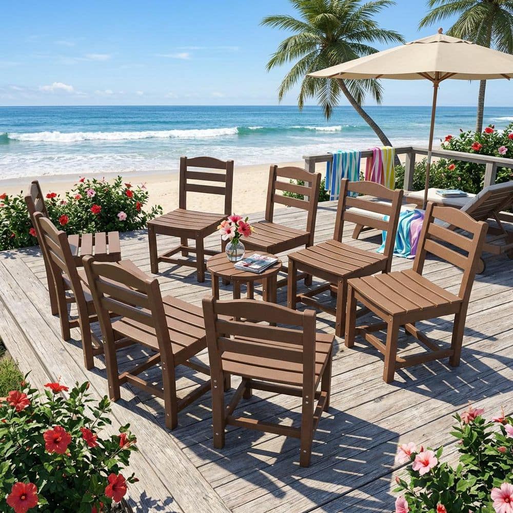 Modern HDPE Outdoor Dining Chair Set of 8 in Brown Armless All-Weather Patio Chairs with UV Protection for Garden, Deck price history on PriceWatchPro