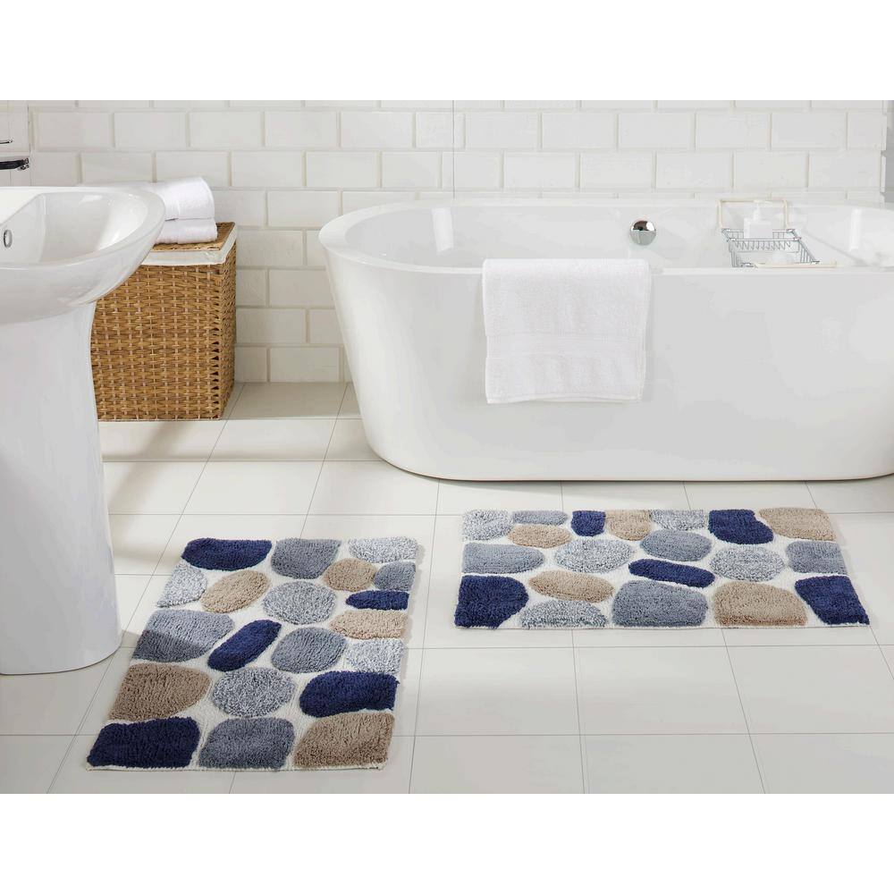 Pebble Pattern Blue and Gray Cotton Bath Rug Set