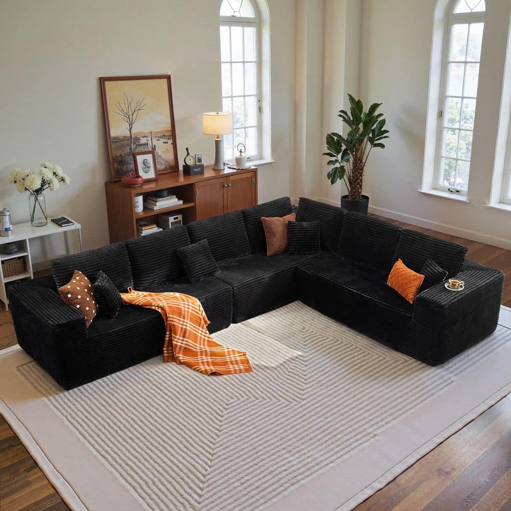 VI 137 in. Wide Arm 3-Piece Modern Plush Corduroy L-Shape Deep Seat Modular Sectional Sofa in. Black for Living Room price history on PriceWatchPro