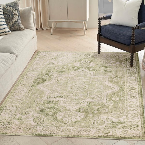 Astra Machine Washable Ivory Green 4 ft. x 6 ft. Center medallion Traditional Area Rug