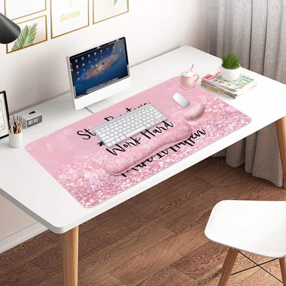 Large Mouse Pad and Keyboard Wrist Rest 4-in-1 Set with Wrist Support Desk Mat Pink for Gaming Home Office - Thumbnail 4