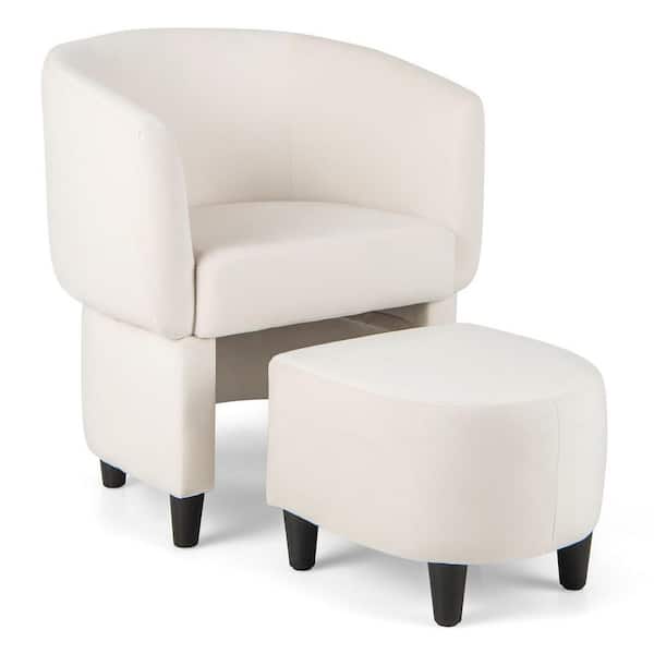 Gymax Beige Velvet Upholstered Barrel Chair w/Ottoman Wood Frame Non-slip Felt Pads