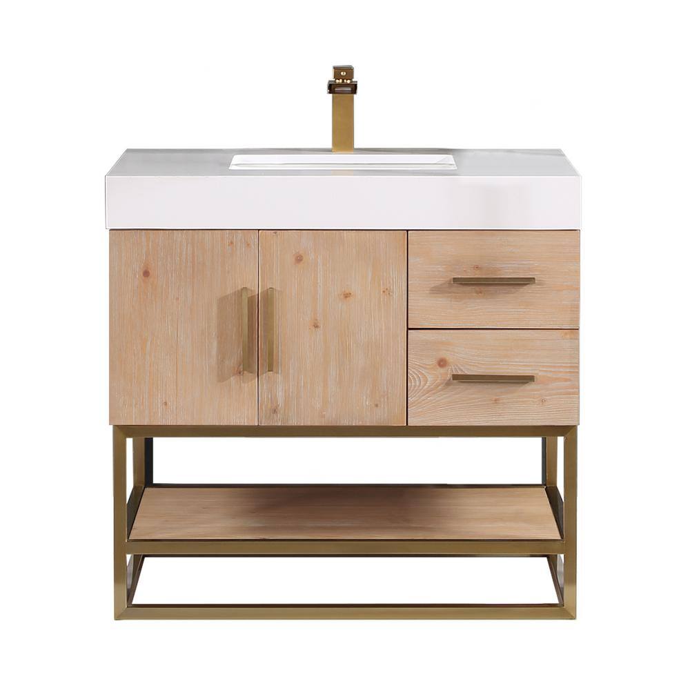 Bianco 36" Light Brown Wood Vanity with White Stone Top
