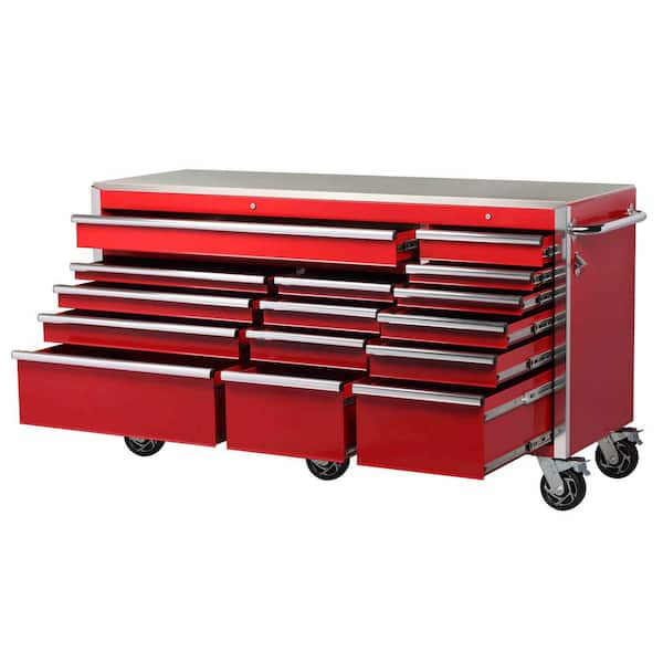 72 in. W x 24 in. D Heavy Duty 15-Drawer Mobile Workbench Cabinet with Stainless Steel Top in Gloss Red