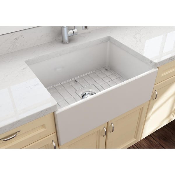 Contempo Farmhouse Apron Front Fireclay 27 in. Single Bowl Kitchen Sink with Bottom Grid and Strainer in Biscuit