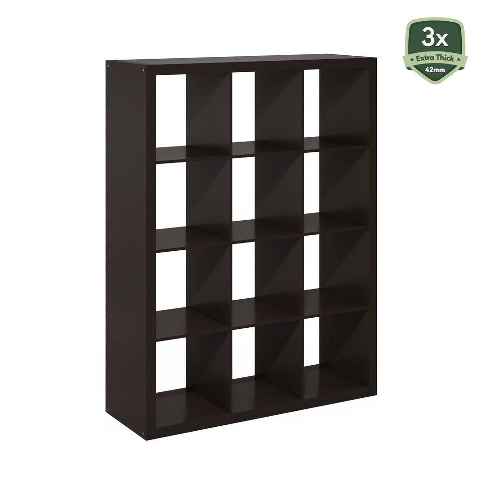 Dark oak 12-shelf cube bookcase shown from a front angle.