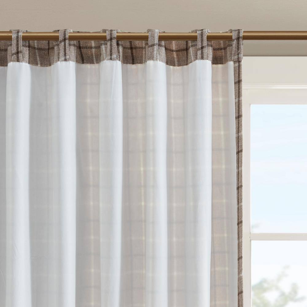 Greige Plaid Light-Filtering Polyester Drapes with Fleece Lining