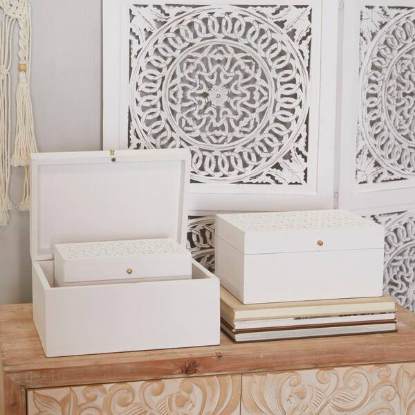 Rectangle Wood Intricate Carved Box with Hinged Lid (Set of 3)