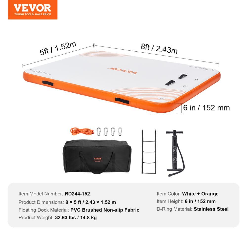 VEVOR 8 x 5FT Orange Inflatable Floating Dock with Ladder