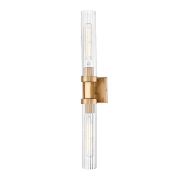 Unbranded Beau 27 in. Rubbed Brass 2 Light Wall Sconce with Clear Ribbed Glass Shade