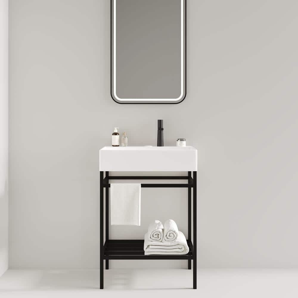 24 in. Freestanding Black Bath Vanity with Glossy White Ceramic Top Unassem