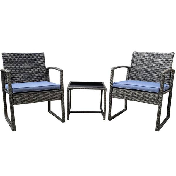 Pyramid Home Decor Vesso 3-Piece Wicker Rattan Outdoor Patio Furniture Modern Bistro Set with Coffee Table with Gray Cushion