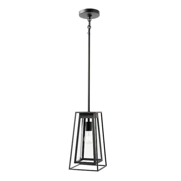 Home Decorators Collection Bailey Modern 1-Light Black Double Frame Outdoor Pendant Light with Clear Glass
