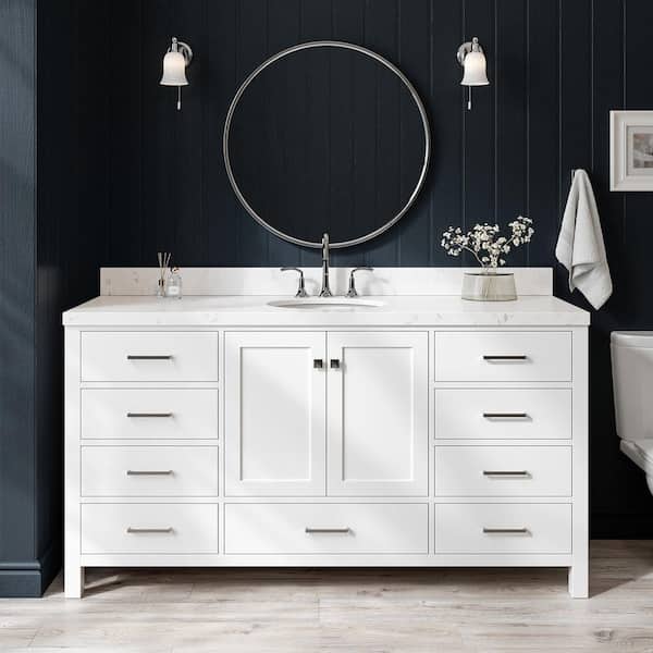 ARIEL Cambridge 66 in. W x 22 in. D x 36 in. H Single Oval Sink Bath Vanity in White with Carrara White Quartz Top