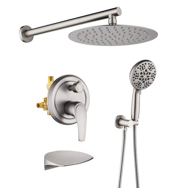 FLG Wall Mount Single-Handle 7-Spray Tub and Shower Faucet with 10 in. Rain Shower Head in Brushed Nickel (Valve Included)