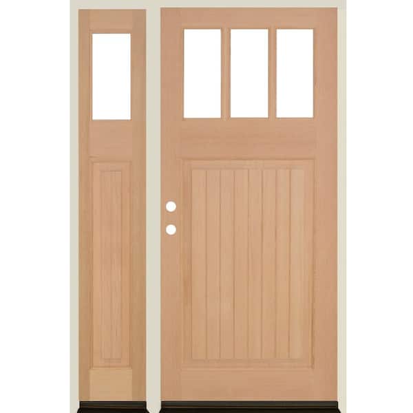 Krosswood Doors 50 in. x 80 in. Craftsman 3-Lite Clear Glass VG Unfinished Right Hand Hemlock Wood Prehung Front Door w/LSL