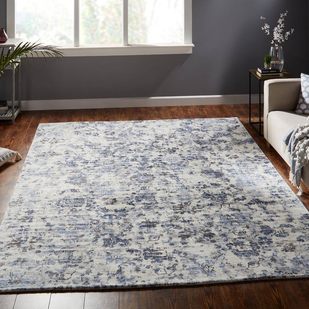 Blue and Gray Abstract High Pile Viscose Area Rug