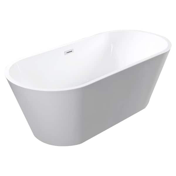 59 in. x 30 in. Oval Acrylic Freestanding Soaking Bathtub with Center Drain in Gloss White